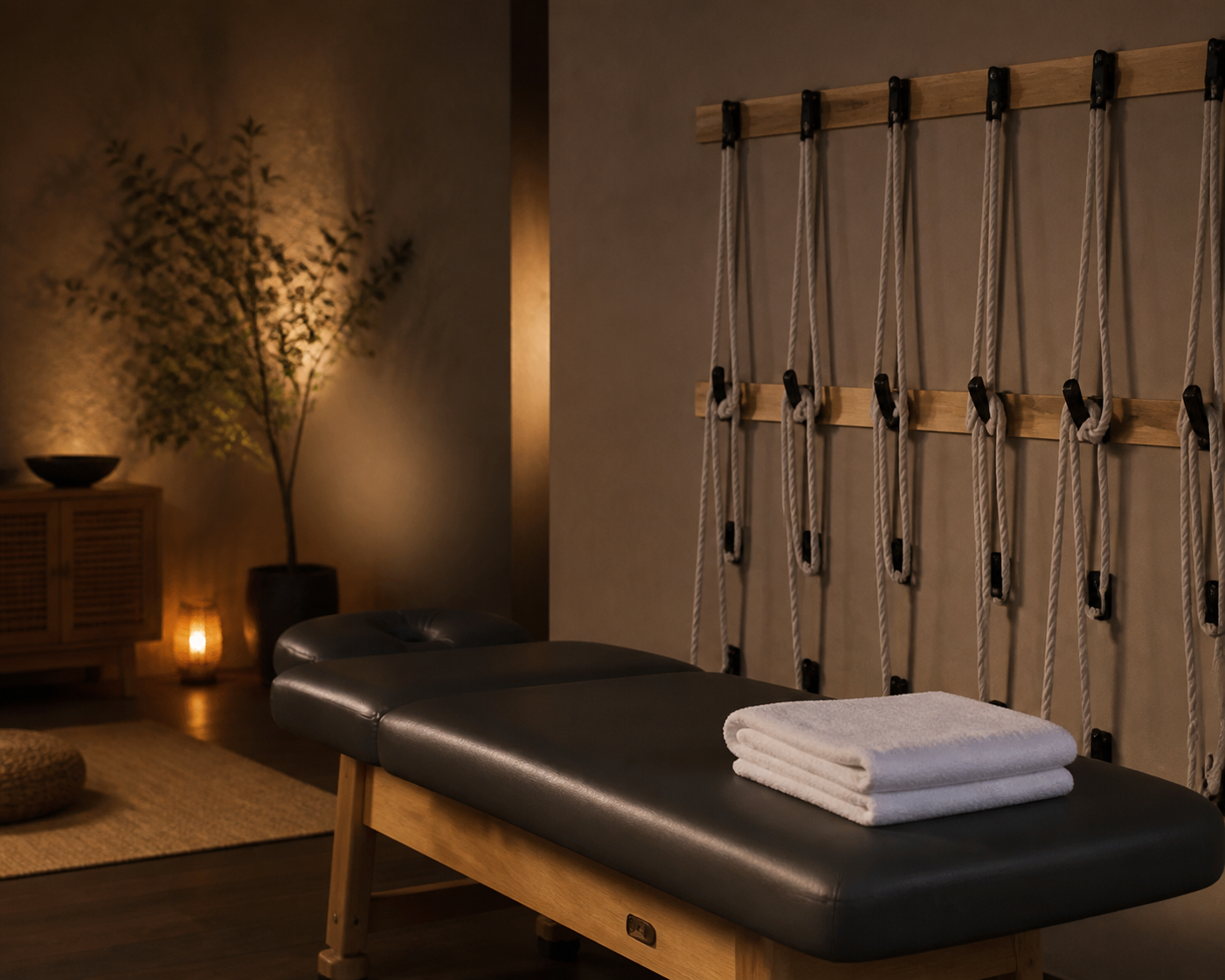 A padded stretch therapy table beside a wall-mounted rope stretch strap system, with a folded white towel on the table, in a warm-lit studio