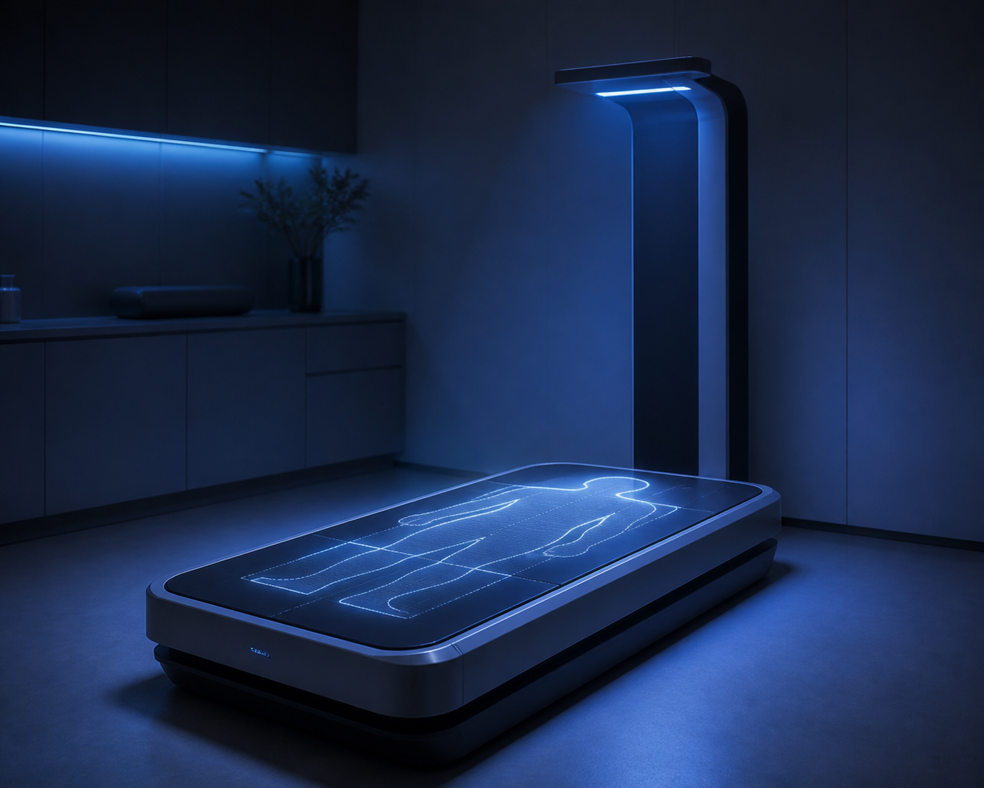 A body composition scanning platform with faint segmented light outlines projected across it, in a clean clinical room with cool blue ambient light