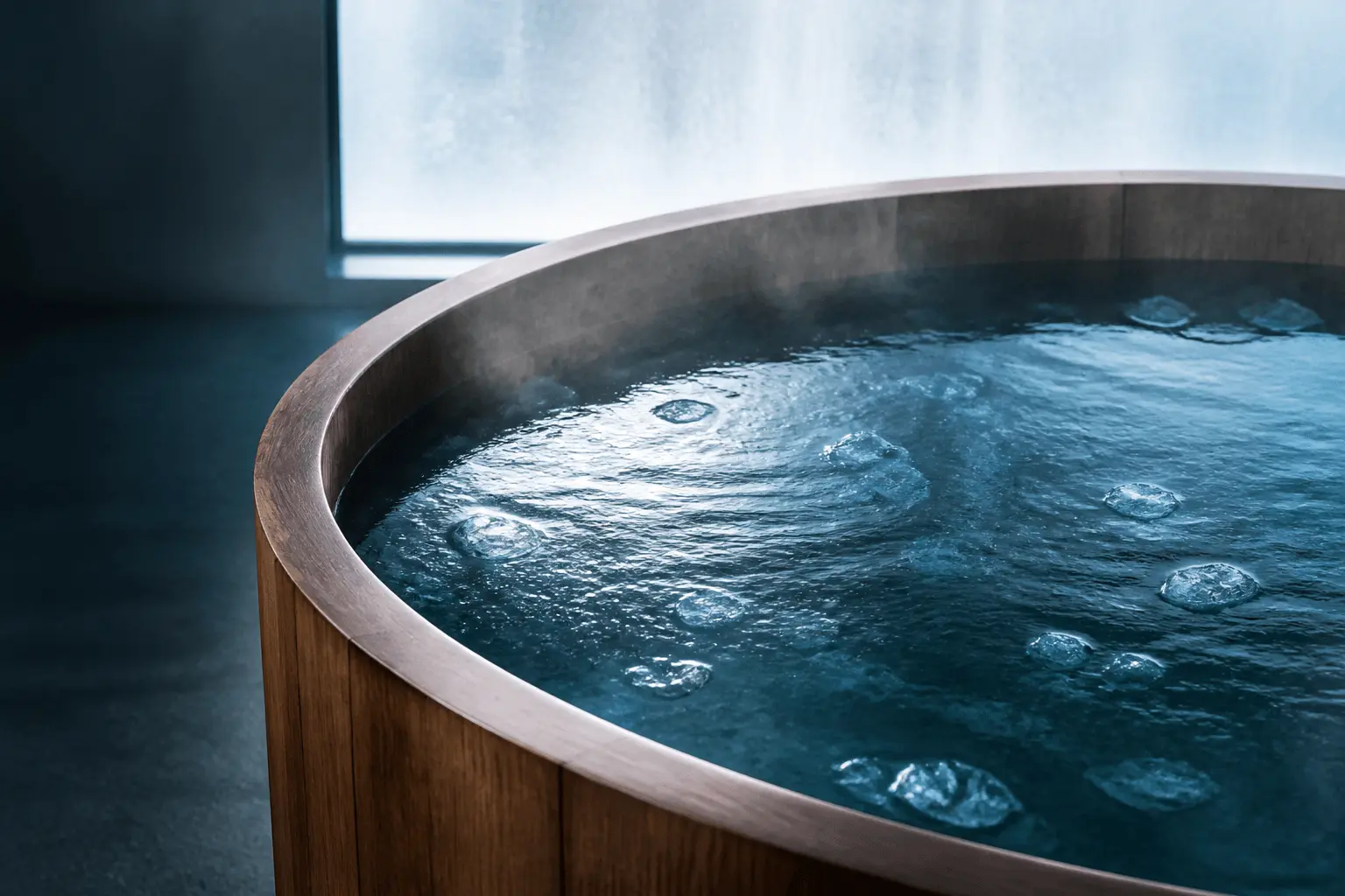Steam rising off a wooden cold plunge tub filled with ice water beside a frosted window