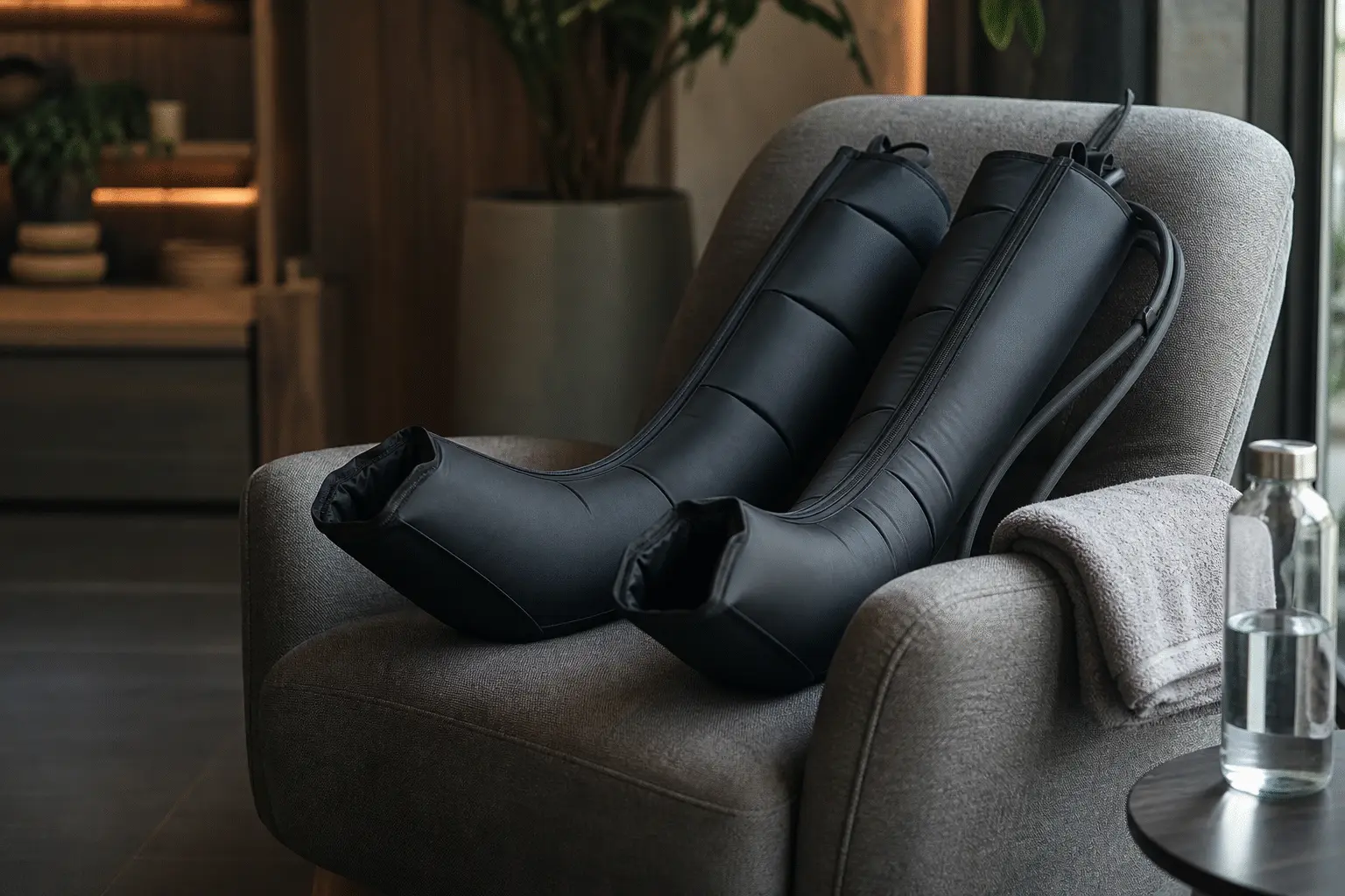 Pneumatic compression boots resting on a recliner beside a towel and water bottle