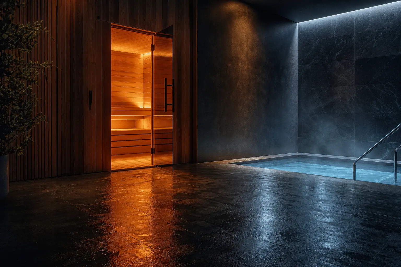 Warm-lit sauna doorway across from a cold plunge pool in a dark stone spa