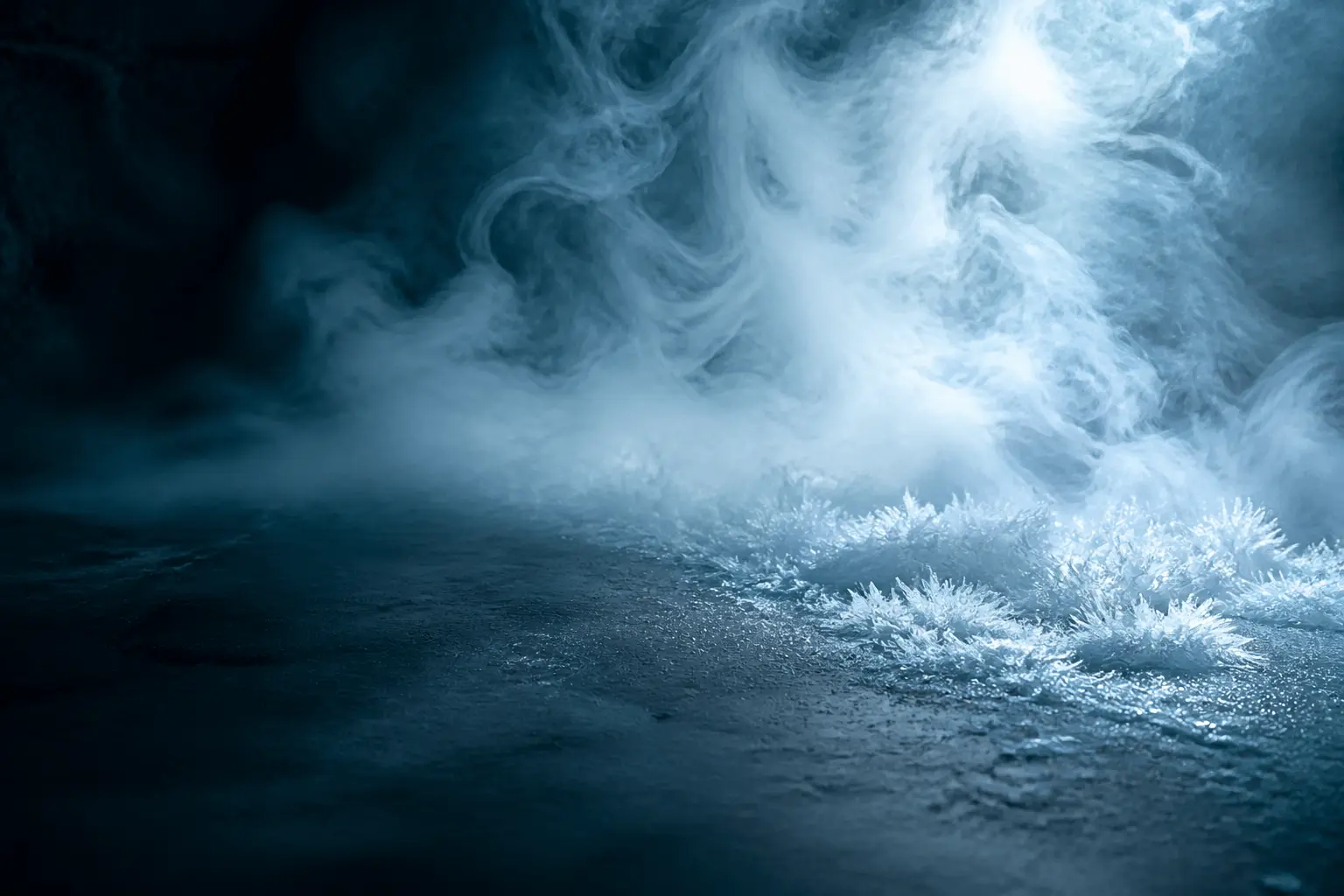 Freezing vapor swirling over a frost-crusted surface in cold blue light