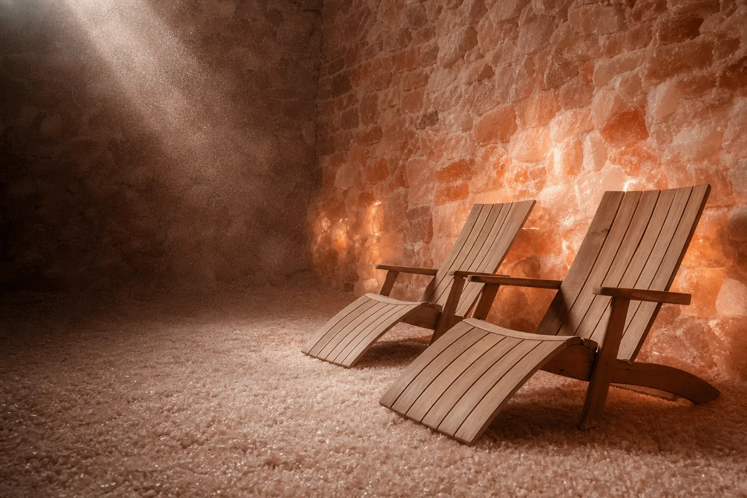 Two wooden loungers against a backlit Himalayan salt wall in a salt-floored halotherapy room