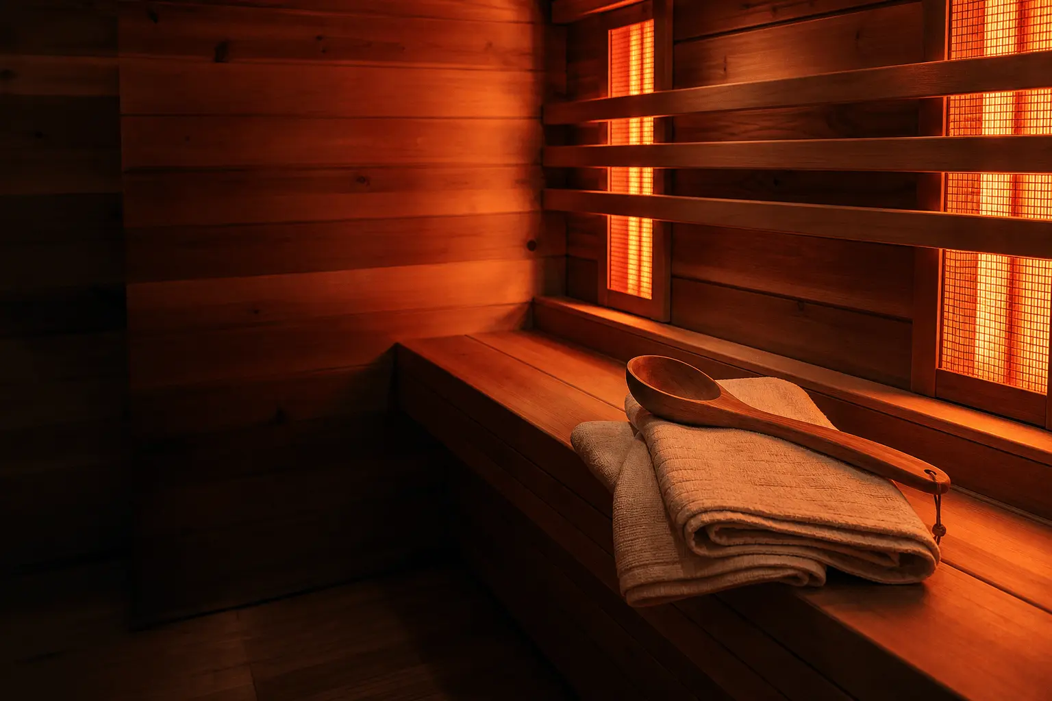 Infrared sauna interior with glowing heater panels, a folded towel and ladle on the cedar bench