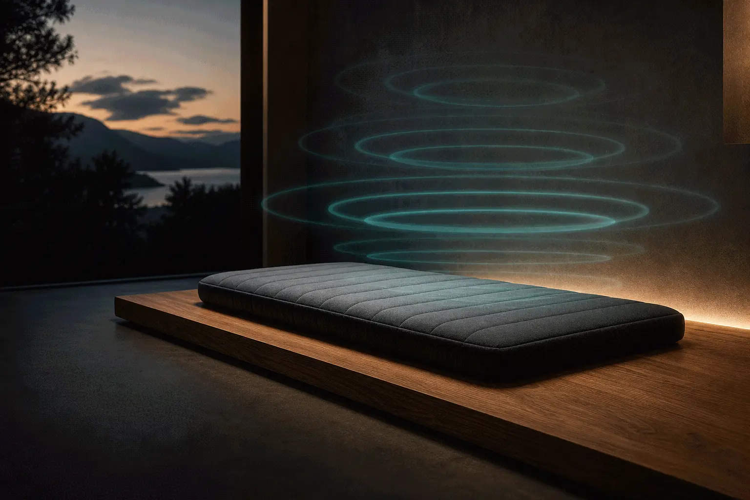 PEMF therapy mat on a wooden platform with electromagnetic field rings rippling above it at dusk