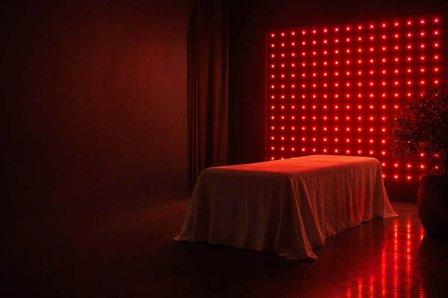 Treatment bed in front of a wall-sized red light therapy panel glowing in a dark room