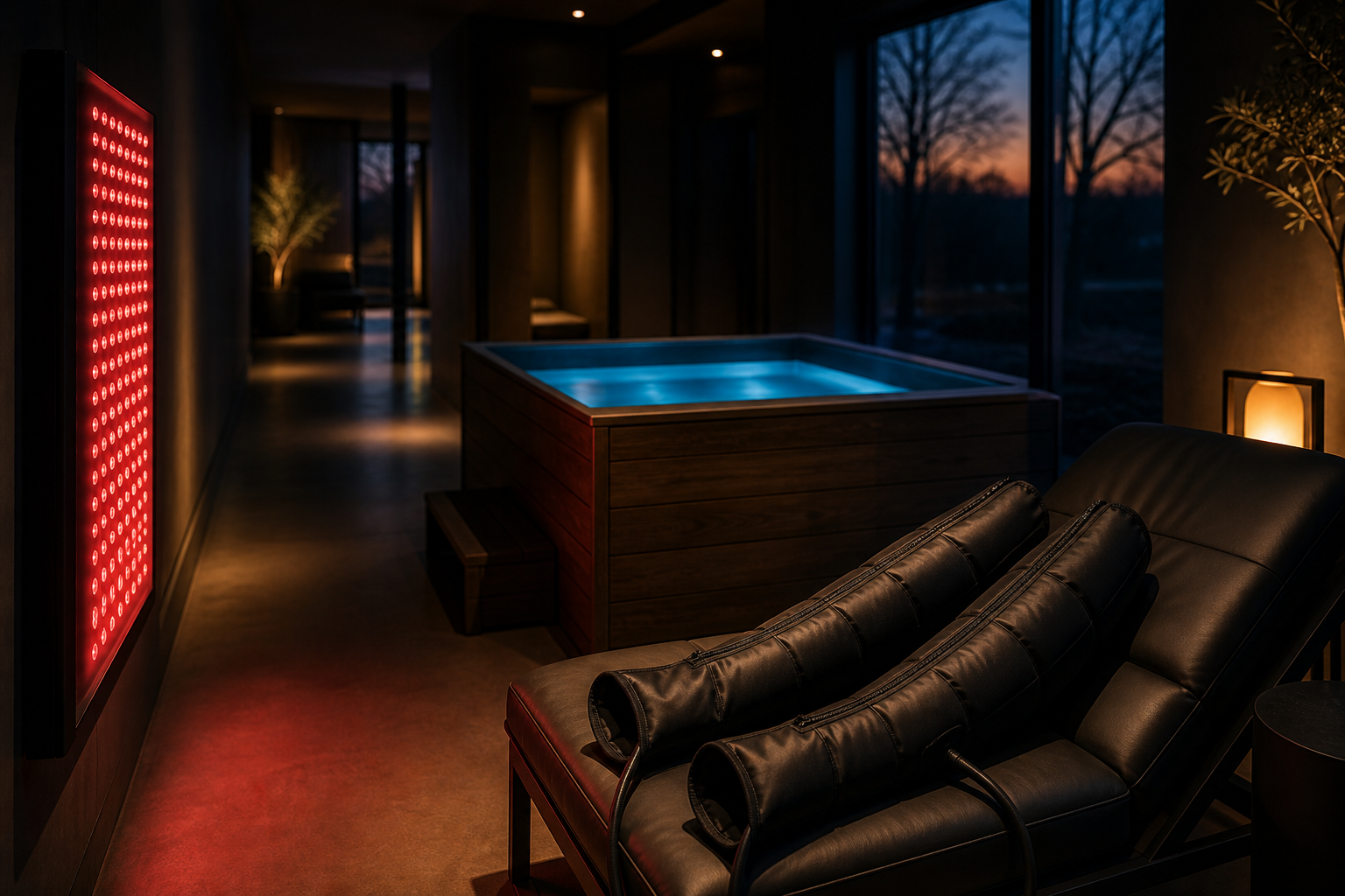 Dim hallway recovery studio with a glowing red-light panel, a wood-clad cold plunge tub, and pneumatic compression boots resting on a lounge chair in one frame