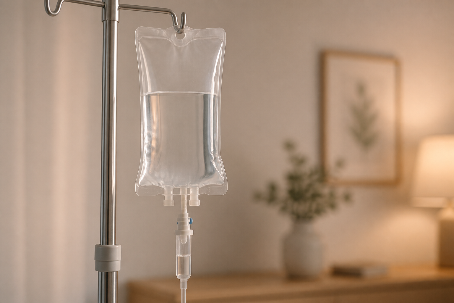A clear IV bag hanging from a stainless steel drip stand with clear tubing in a softly lit room