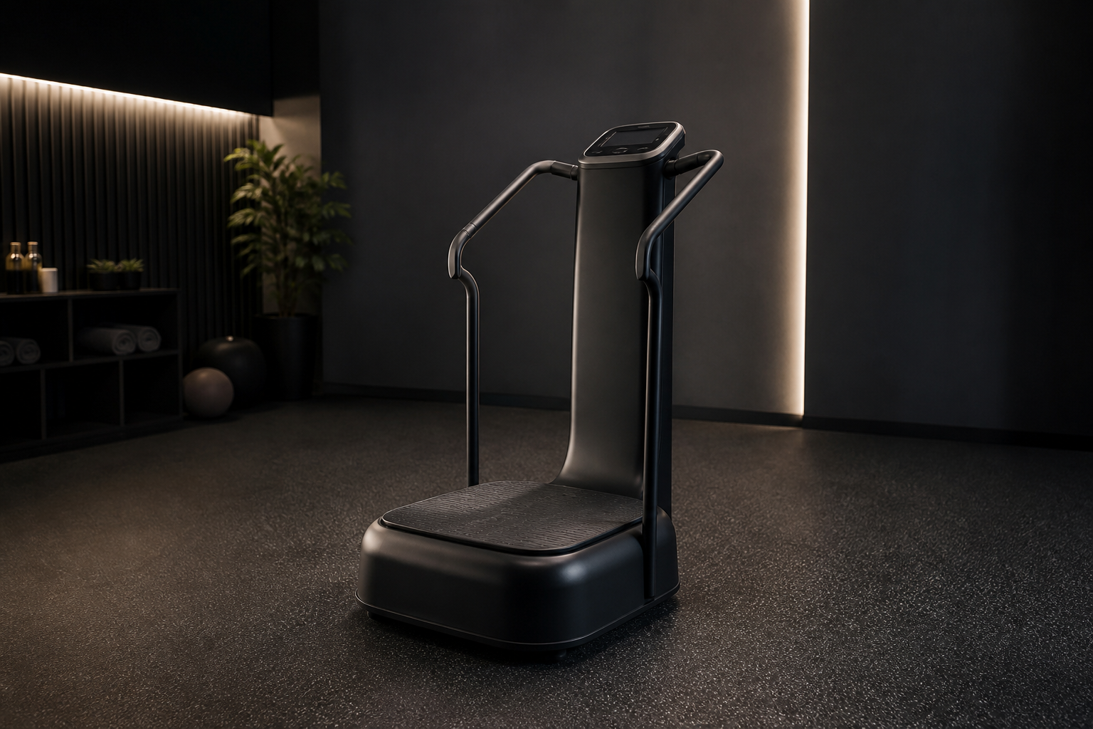 A whole-body vibration platform with side handrails standing empty on a dark studio floor