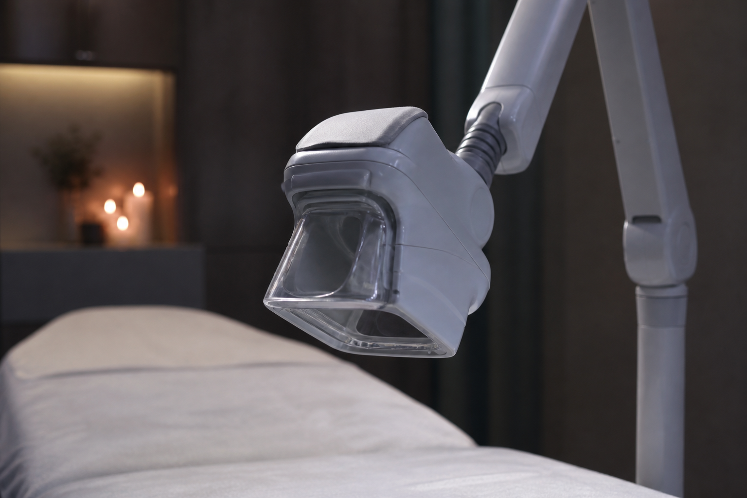 Close-up of a cryolipolysis vacuum applicator head mounted on an articulated arm beside a treatment table draped in white linen