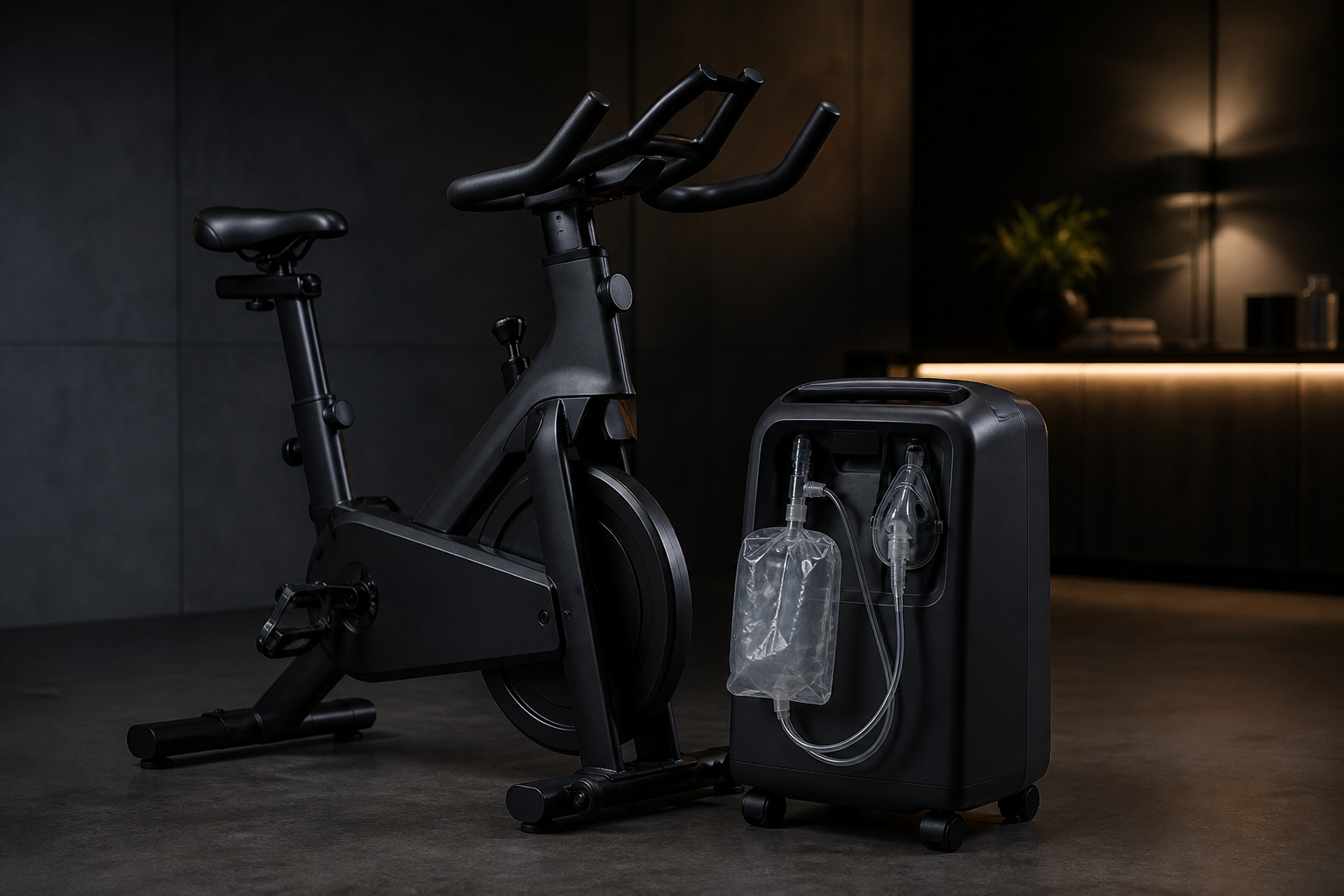 A stationary exercise bike beside an oxygen concentrator with a clear reservoir bag and breathing mask hanging from it