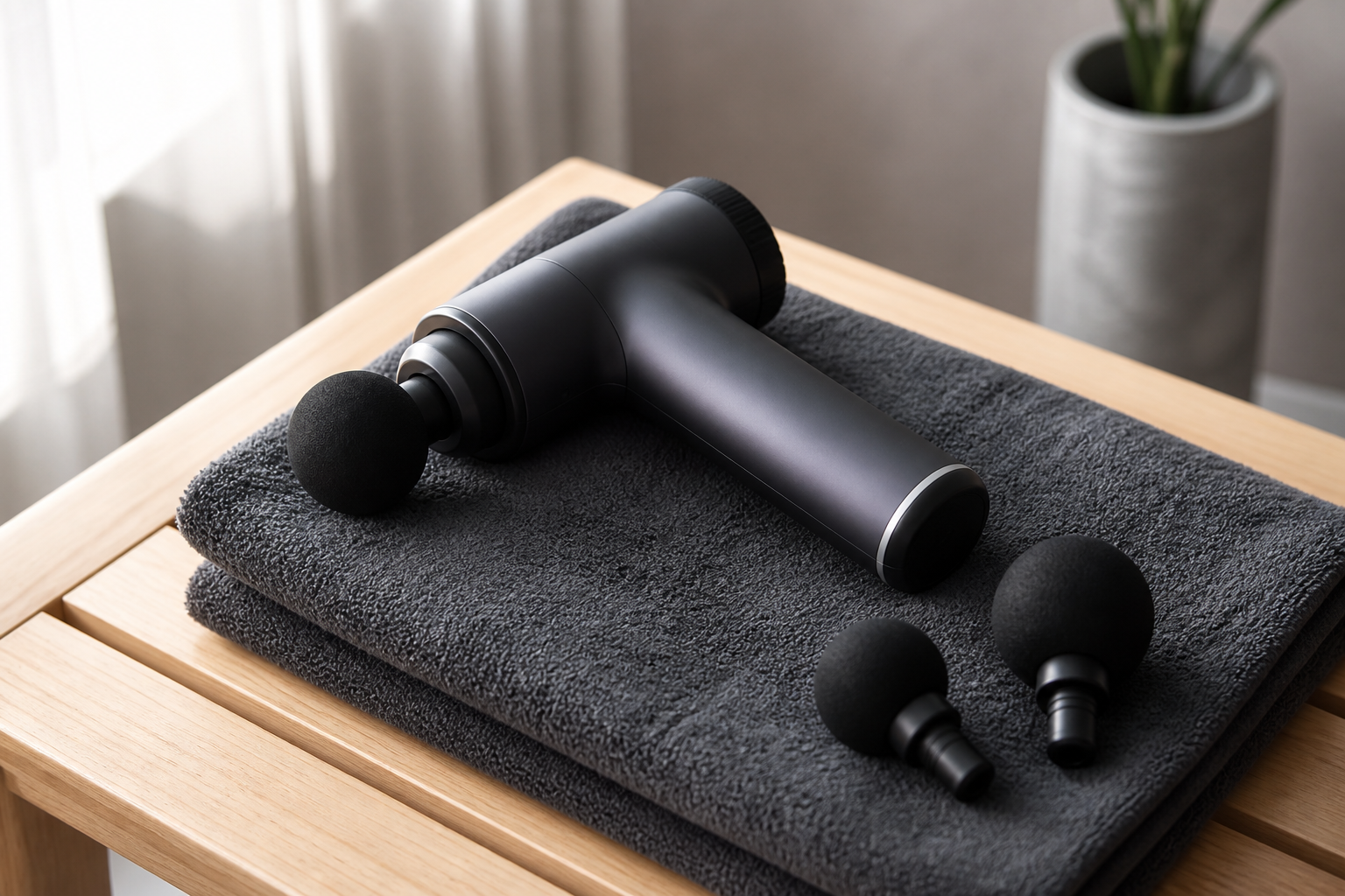 A handheld percussive massage gun resting on a folded towel beside two round foam attachment heads on a pale wood bench