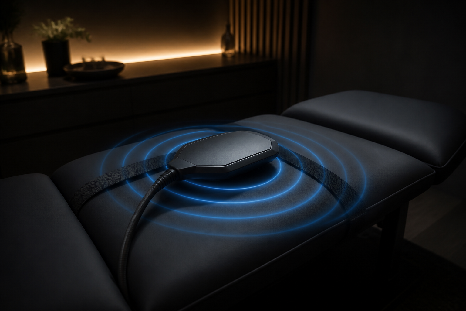 A padded treatment table with a body-contouring electromagnetic applicator pad resting on it, faint blue pulsing rings of light radiating outward, in a dim clinical room