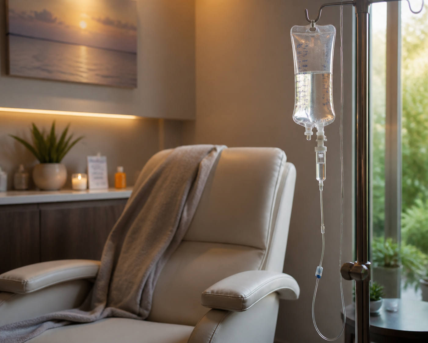 IV bag and clear tubing hanging from a stand beside an empty lounge chair in a softly lit clinic room