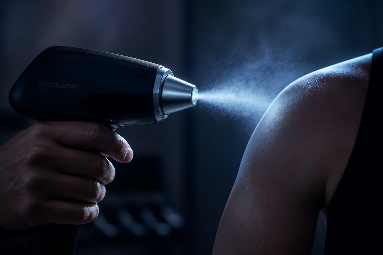 Handheld cryotherapy applicator releasing a fine cold vapor mist near a shoulder in dim blue-toned light