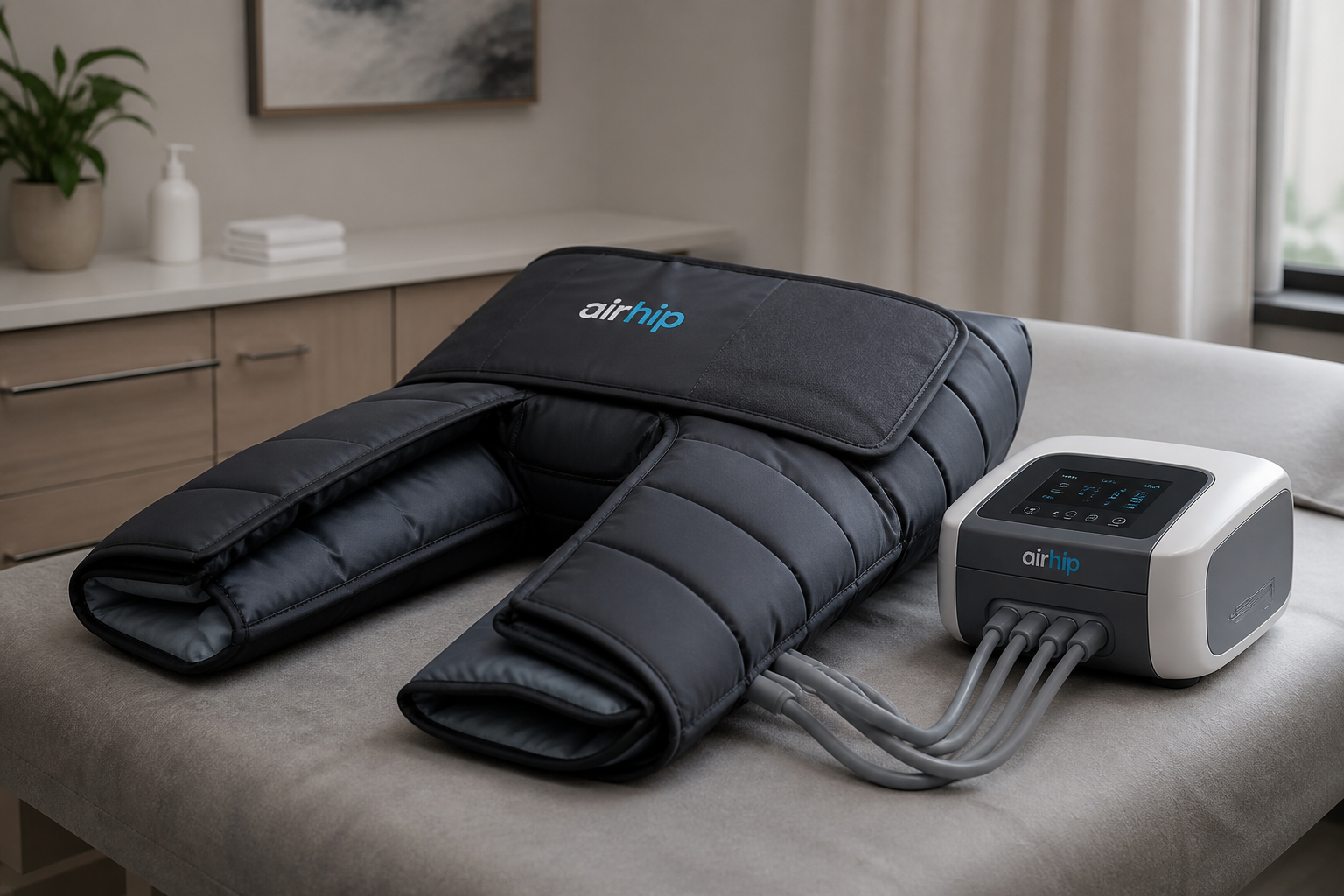 Pneumatic compression hip-wrap garment resting on a treatment table with its control unit and tubing beside it