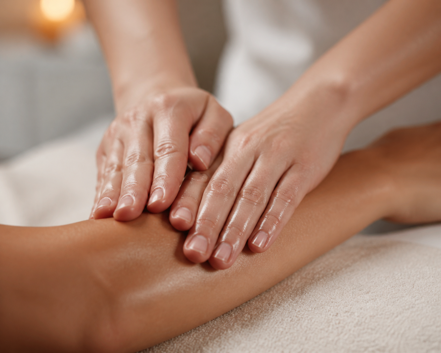Close-up of two hands performing a gentle upward stroking massage along a forearm in soft diffused light