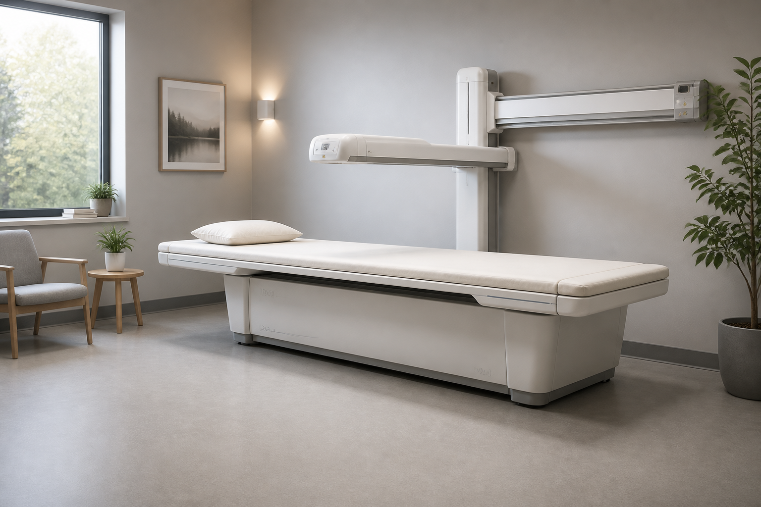 Empty DXA bone-density scanning table beneath a slim overhead imaging arm in a quiet, softly lit clinical room