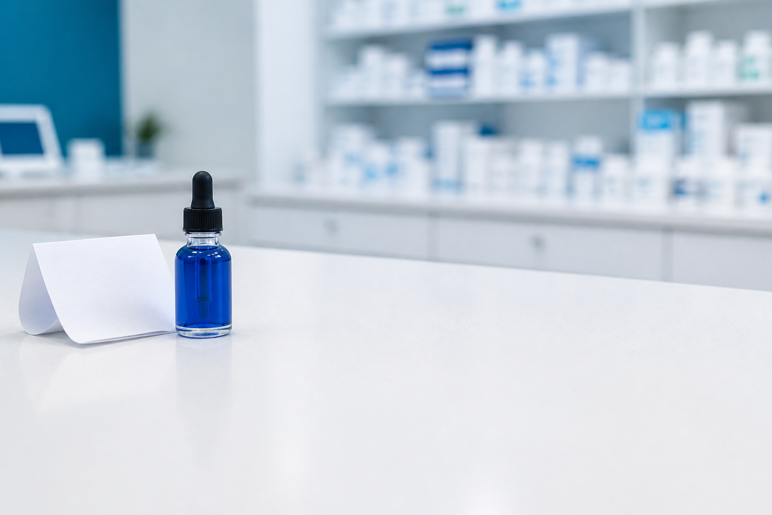 A small unbranded glass vial of deep blue liquid with a dropper cap standing on a pharmacy counter beside a folded prescription slip