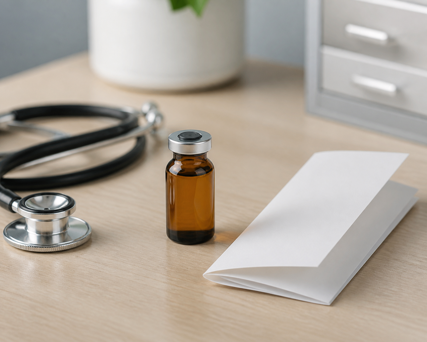 A small unmarked amber medical vial and a folded blank information pamphlet resting on a clinician consult desk beside a stethoscope