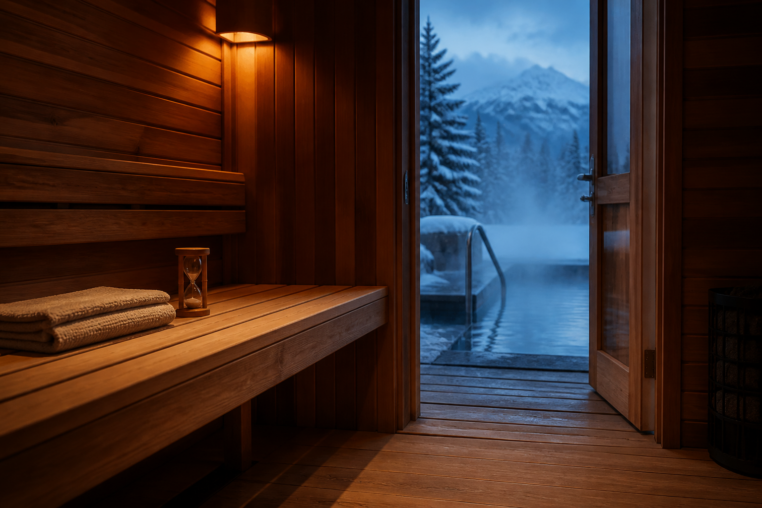 Cedar sauna bench with a folded towel and an hourglass timer, glimpsed through an open doorway toward a steaming cold plunge pool beyond
