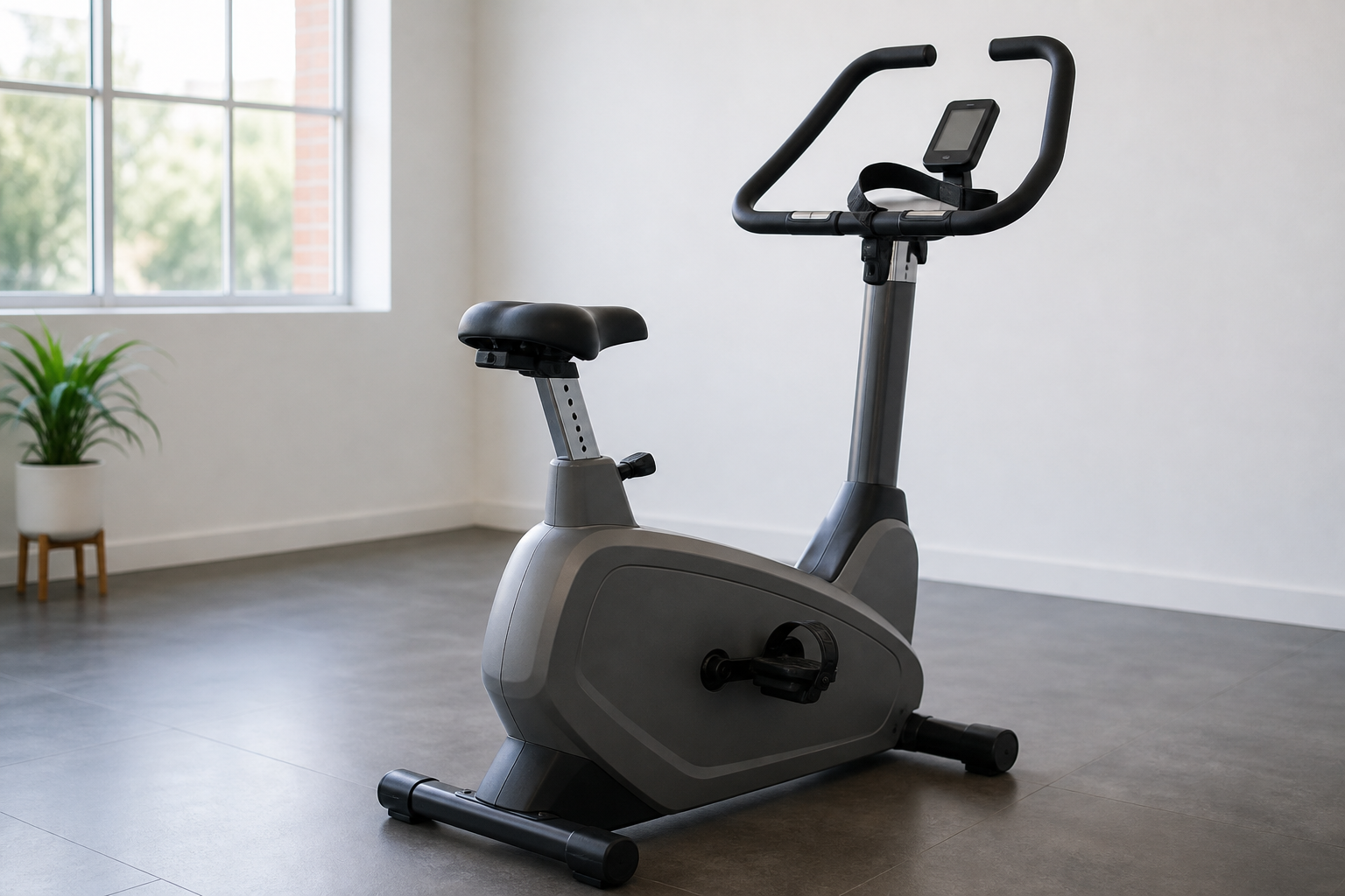 A stationary cycle ergometer fitness-testing bike with a chest-strap heart-rate monitor and digital display resting on the handlebars in a softly lit studio room