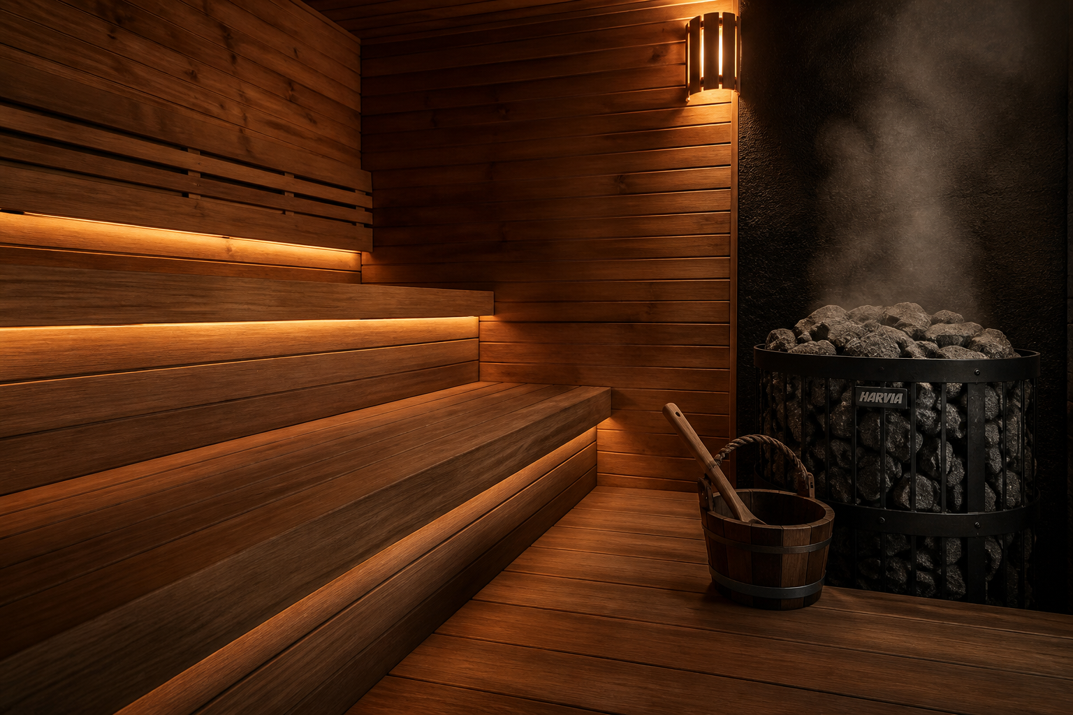 Wood-lined Finnish sauna interior with tiered cedar benches and a pile of hot stones on the stove beside a wooden ladle and bucket