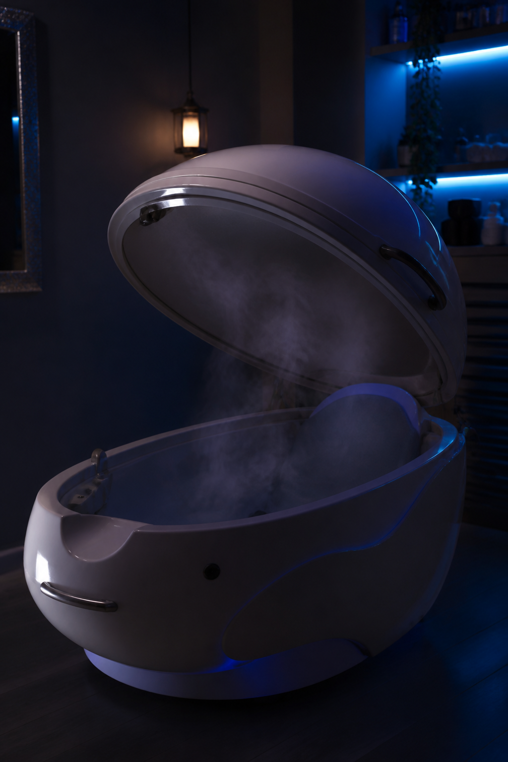 Empty steam therapy cabinet pod with its domed lid open and faint vapor curling from the interior in a dim spa room