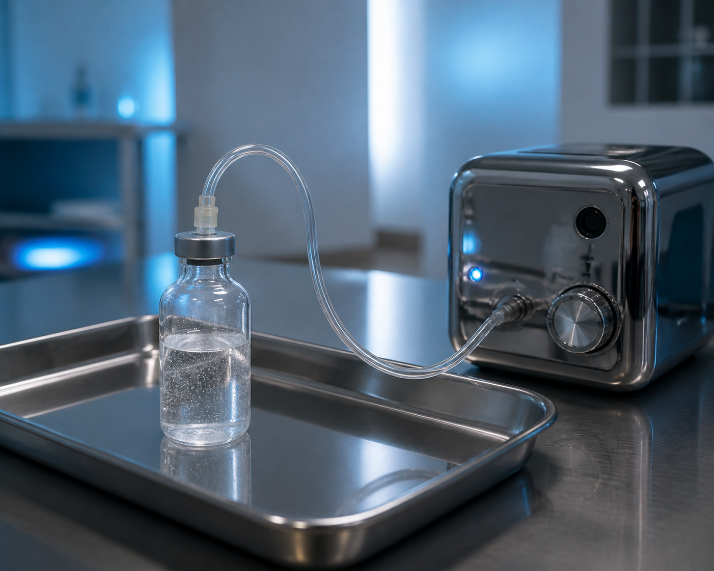 A sealed glass vial of clear liquid threaded with fine bubbles, connected by clear tubing to a small chrome ozone generator on a stainless steel tray, lit in cool blue-white clinical light