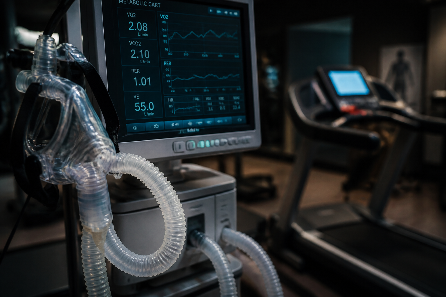 Breathing mask and coiled tubing connected to a metabolic cart monitor beside a treadmill in a dim exercise physiology lab